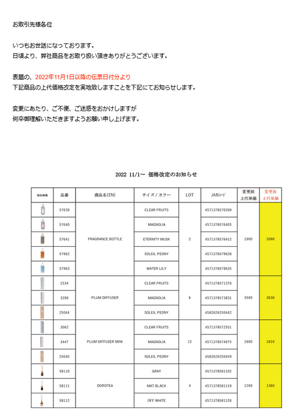 【重要】価格改定のおしらせ