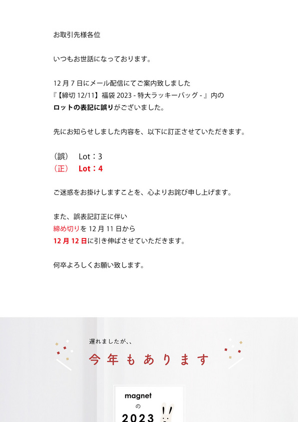 【お詫びと訂正  締切 12/12】福袋2023 -特大ラッキーバッグ –
